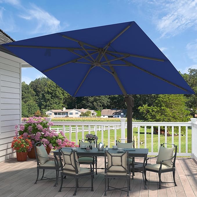 9' X 12' Cantilever Patio Umbrella with Base Included Rectangular Outdoor Large Offset Umbrellas with 7 Tilts Adjustable 360°Rotation for Deck Pool Garden Backyard, Navy