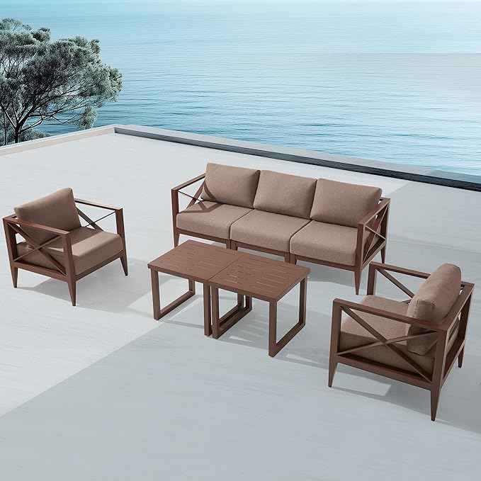 MBY Outdoor Aluminum Patio Furniture Set, 5-Seats Patio Conversation Sofa Set with 2 Coffee Tables, All Weather for Pool, Balcony, Garden(Brown)