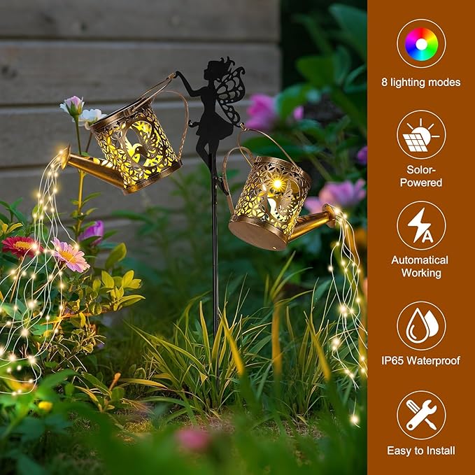 LOVERUIS Solar Watering Can with Cascading Lights- Solar Light with 8 Color Changing Modes, IP65 Waterproof, Fairy Garden Decor for Outside, Patio, Wedding & Lawn Gift for Women, Mom, Grandma