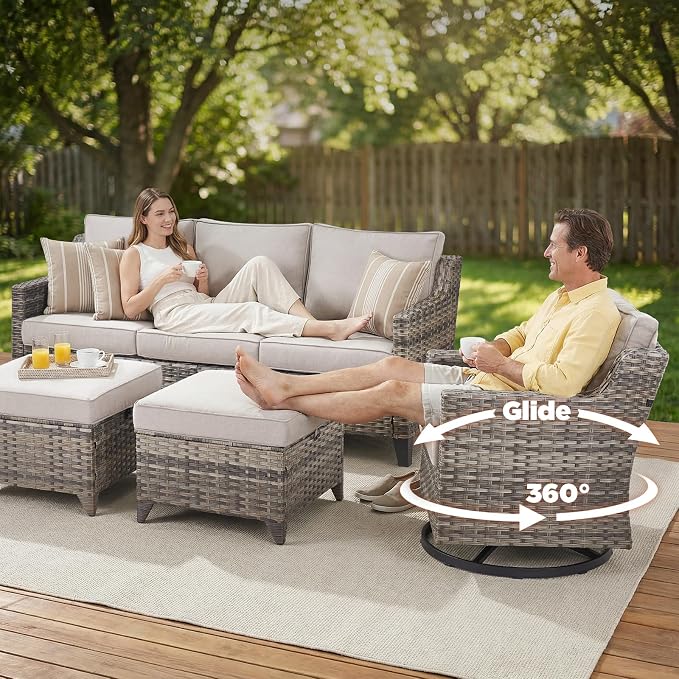 Belord Patio Wicker Swivel Rocker Patio Chairs with Side Table and 3-Seater Sofa, Outdoor Rattan Chairs for Deck Porch Garden, 6 Piece Luxury Patio Furniture Set, Beige