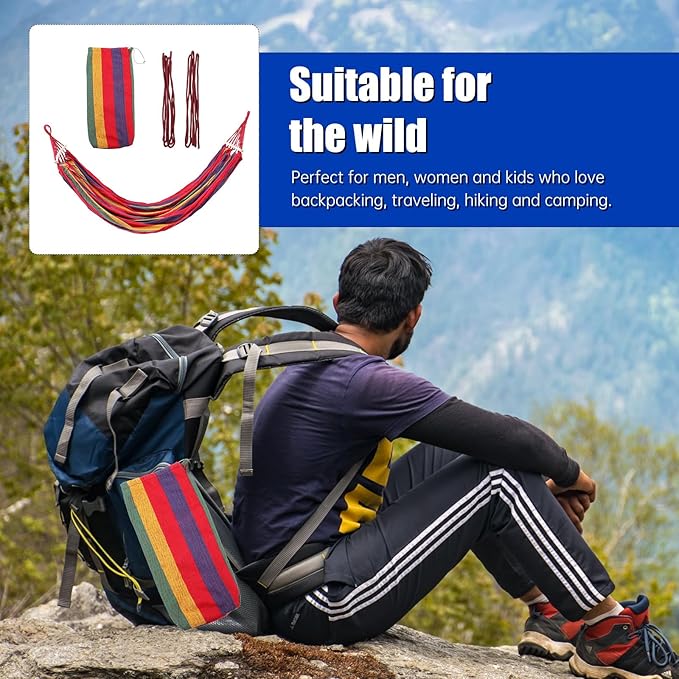 VOSAREA Striped Canvas Outdoor Hammock Swing Bed for Camping Hiking, Single-Person 190x150cm with Curved Rod, Duckbill Buckle, Rope and Storage Bag