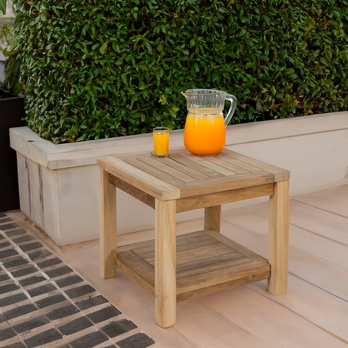 Teak Wood Side Table with Storage, Indoor and Outdoor Wooden Furniture for Deck, Porch, Balcony, Living Room, Bedroom and Backyard (18" D x 18" W x 16" H)