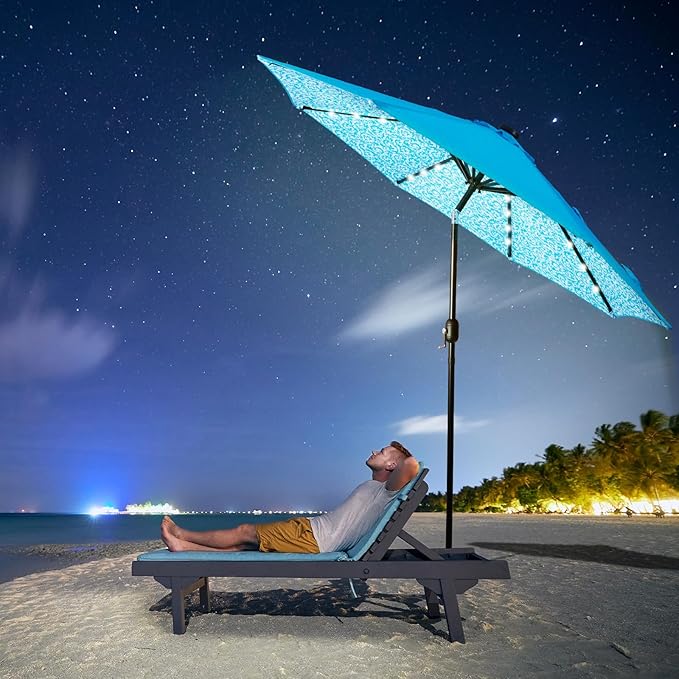 Backyard Expressions 9FT Solar Patio Umbrella with 32 LED Lights, UPF50+ UV Protection, Fade-Resistant Fabric, Easy Tilt & Crank, Outdoor Umbrella for Patio, Deck & Pool (Base Not Included)