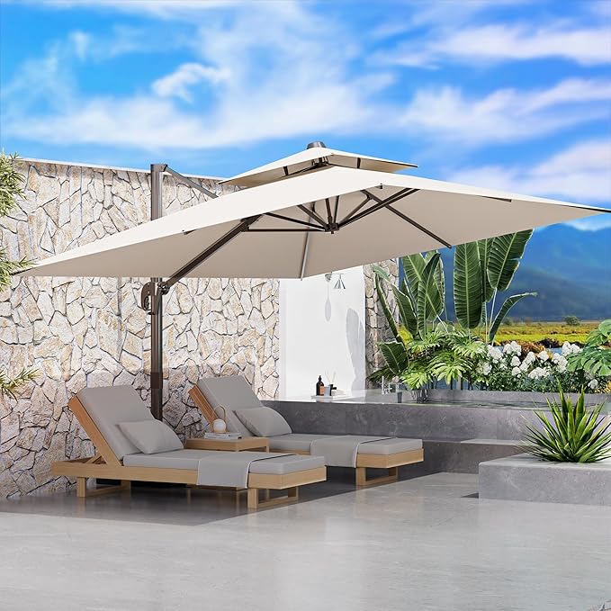 10' X 13' Outdoor Patio Umbrella Large Rectangle Cantilever Umbrella with Base Included, Heavy Duty 360°Rotation Offset Umbrella for Garden Deck Pool Patio,Beige