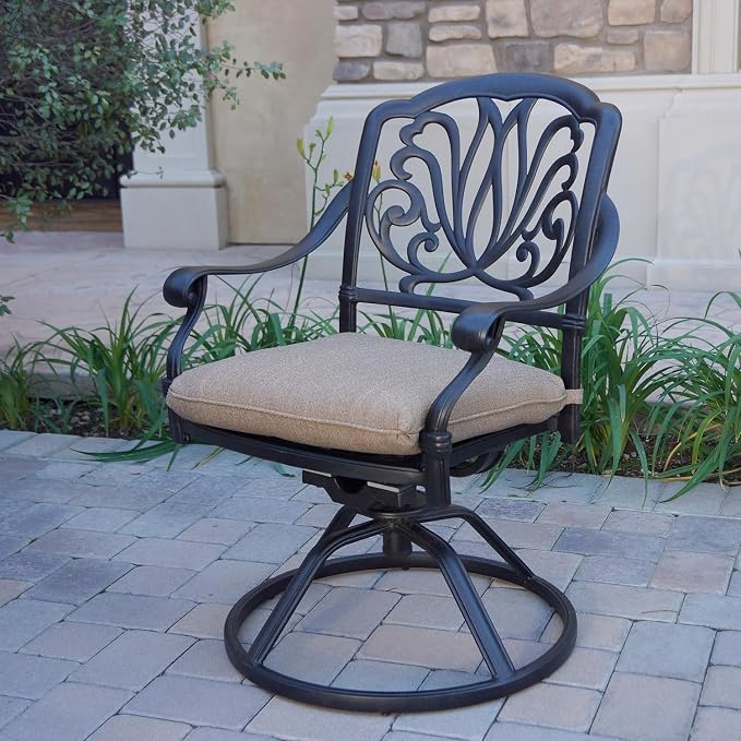 Darlee Elisabeth 7 Pc Cast Aluminum Dining Set w/ 60 Inch Round Table & Swivel Rockers in Antique Bronze/Sesame