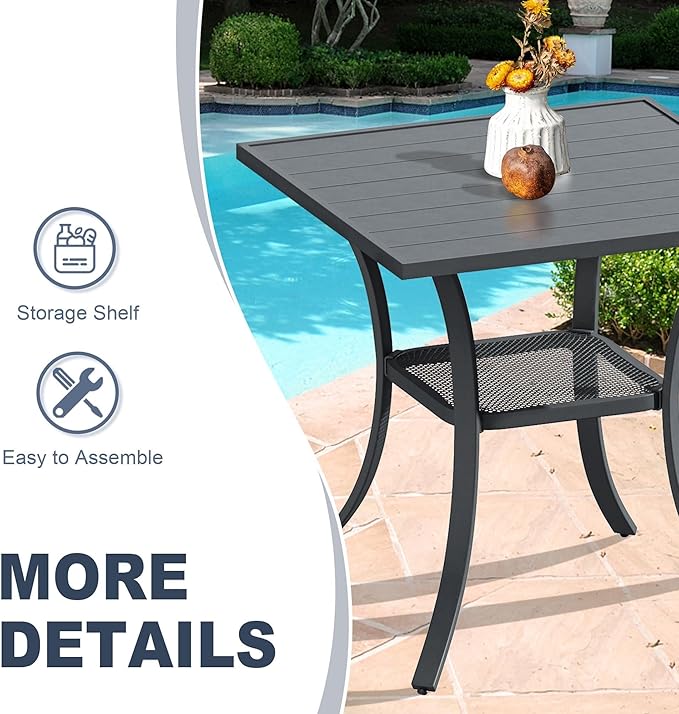 VICLLAX 3 Pieces Outdoor Dining Set, Patio Furniture Set Includes 27.6" Square Metal Table W/ 1.9" Umbrella Hole and 2 Padded Textilene Swivel Chairs for Porch, Lawn, Garden, Backyard