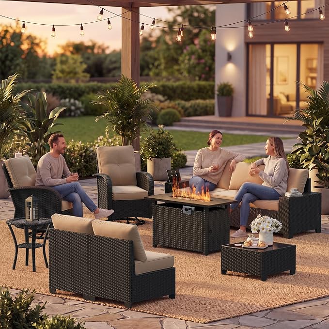 LazySunsets 10 PCS Patio Furniture Set with 44'' Fire Pit Table, Outdoor Sectional All-Weather Wicker Conversation Set with Swivel Rocker Chairs, 4'' Thick Cushions for Backyard Poolside(Cream/Black)