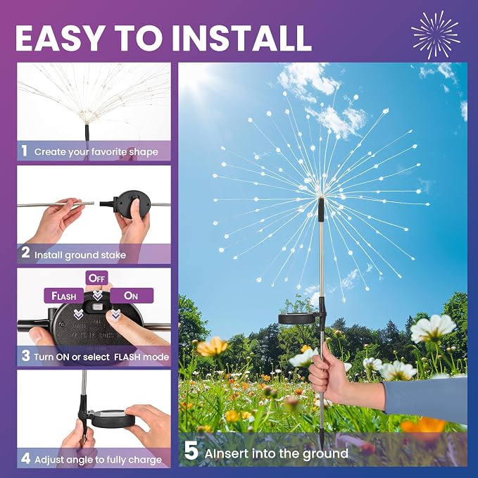 PEVOROS Solar Firework Fairy Garden Lights Outdoor, Colorful, 6 Pack | 120 LEDs, Waterproof, Fairy Garden Decor, Auto On/Off, Solar Powered, for Yard, Patio, Porch, Flower Pot, Pathway