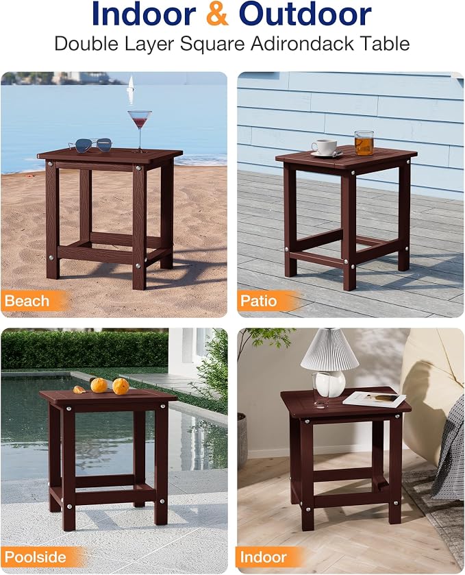 YEFU Outdoor Side Table for Patio: 16" HIPS Weather - Resistant Adirondack Tables Set of 2 - Small Square End Table for Backyard Living Room Bedroom - Indoor Outdoor Durable Table Coffee