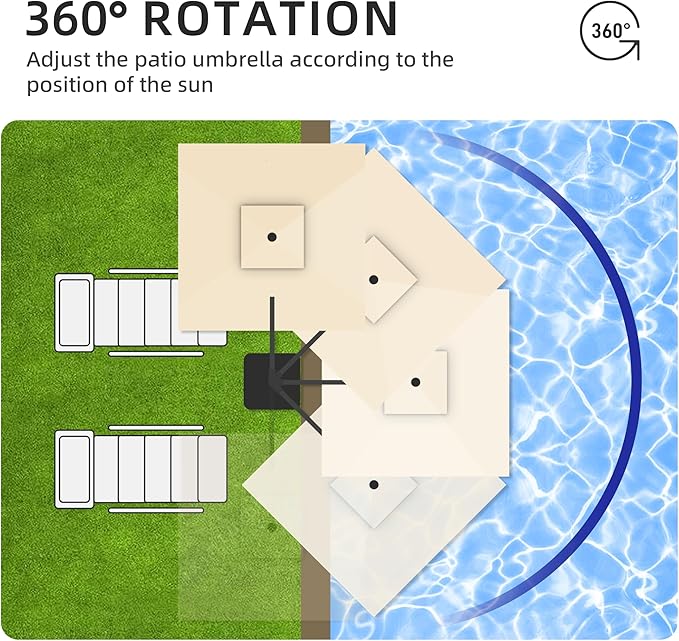 JZAC & QZYD 9x9 FT Outdoor Cantilever Patio Umbrella with Solar LED Lights, Large Heavy Duty 2-Tier Canopy Square Aluminum Offset Umbrellas with 360-Degree Rotation for Pool Deck Backyard, Beige