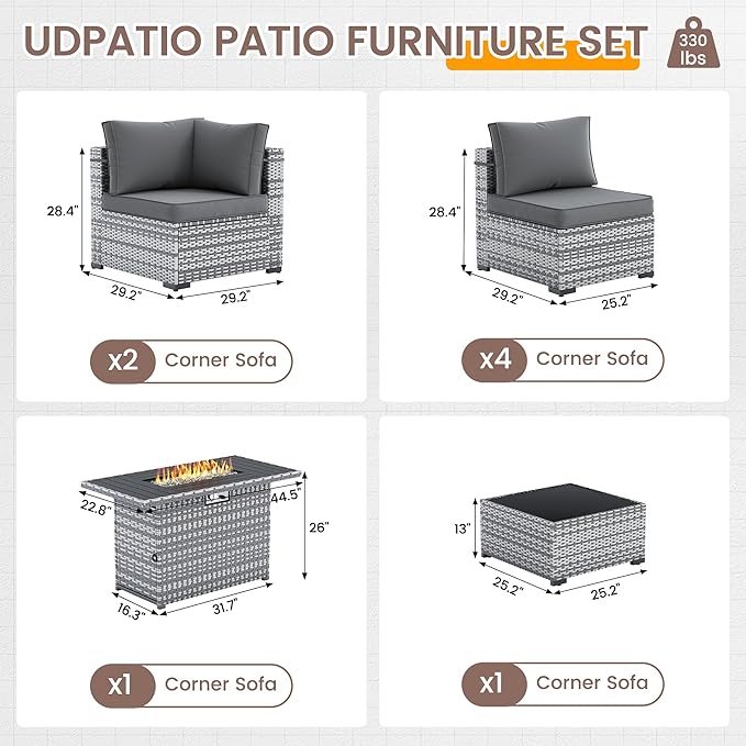 UDPATIO Patio Furniture Set with Fire Pit Table, 8 Pieces Outdoor Sectional Sofa, PE Wicker Patio Conversation Set for Garden, Backyard (Grey Cushions with Grey Rattan)