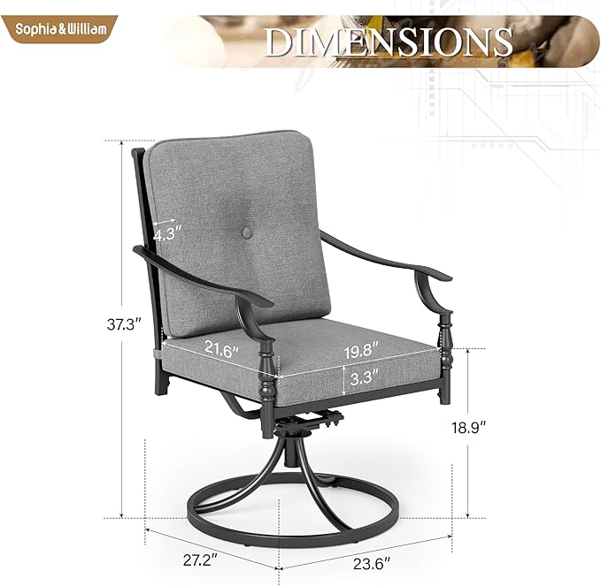 Sophia & William Outdoor Patio Swivel Dining Chairs Set of 4, Heavy Duty Patio Dining Chairs with Thickened Cushions, Wrought Iron Deck Chairs for Backyard, Poolside, Balcony and Garden