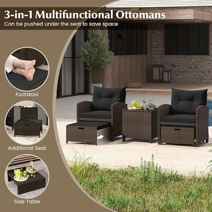COSTWAY 5-Piece Rattan Conversation Set, Outdoor Sofa, Tempered Glass Coffee Table & Ottomans for Small Space, Boho Chic Indoor/Outdoor Furniture for Patio, Living Room & Apartment (Black)