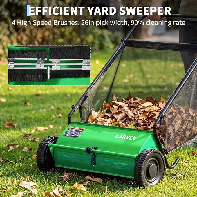 Push Lawn Sweeper 26Inch-Heavy Duty Walk Behind Leaf Collector and Yard Sweeper for Outdoor,Patio,Driveway,Garden Grass Sweepers,4 High Speed Spinning Brush,7 Cu. ft. Hopper Capacity