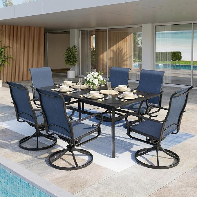 NUU GARDEN 7-Piece Outdoor Dining Set, Outdoor Table and Chair Set with Umbrella Hole, Padded Textilene Dining Table Set, All Weather Outdoor Table and Chairs for 6, Swivel Design, Blue