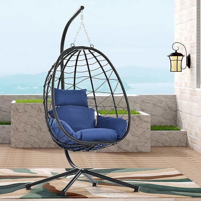 Hanging Egg Chair with Stand, Comfy Indoor/Outdoor Rattan Swing Hammock Chairs, 350lbs Capacity for Patio, Bedroom, Garden (Navy Blue)