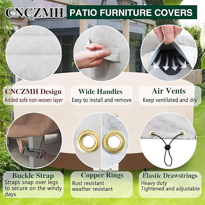 Heavy Duty Patio Furniture Covers Waterproof, 600D Round Outdoor Furniture Cover Waterproof for Sectional Sofa Couch, Outdoor Dining Table and Chair Set Covers 110"DIA x 28"H, Beige Brown