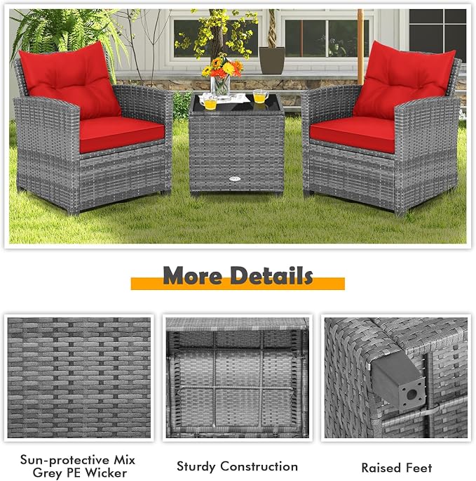 Patio Furniture Set, 3 Pcs Outdoor Wicker Conversation Set with Glass Coffee Table, Patio Chairs w/Washable Cushions, PE Rattan Outdoor Furniture Set for Porch Garden Backyard (Red)