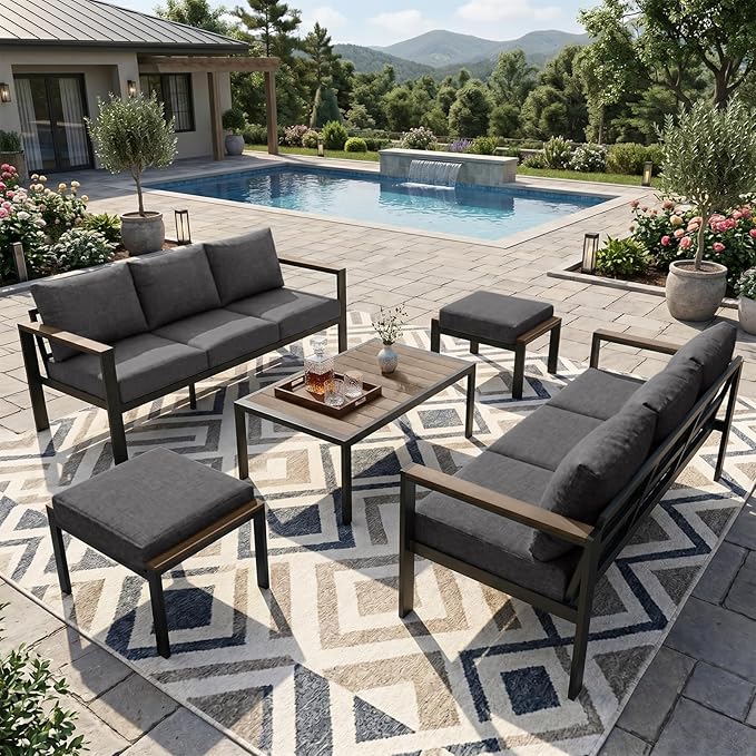 Patio Furniture Set 8 Seats and Coffee Table, Patio Conversation Set with Washable Thick Cushions, Deluxe Aluminum Modern Outside Sectional for Porch, Balcony, Deck, Yard, Dark Gray