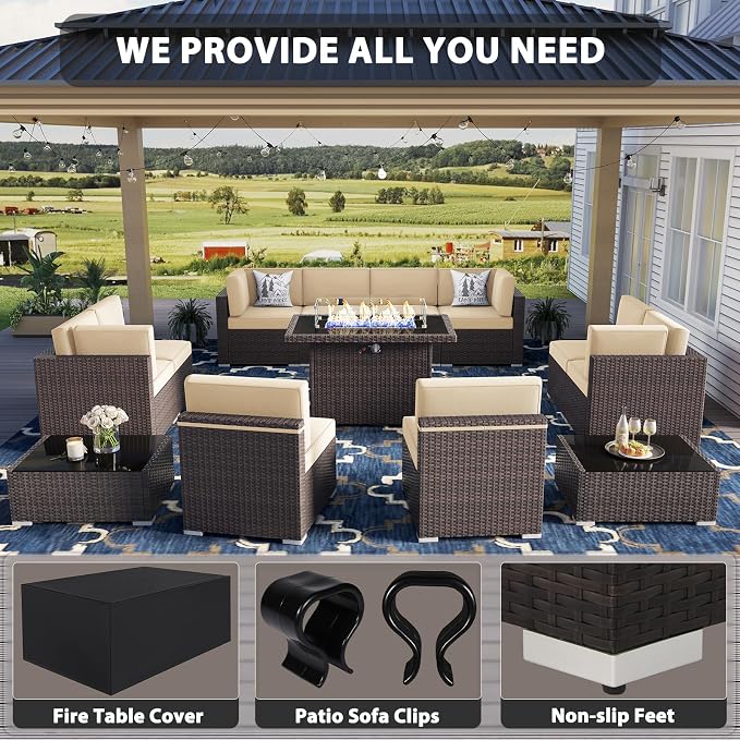 13 Pieces Patio Furniture Set with 44" Propane Gas Fire Pit Table, Outdoor Sectional Wicker Conversation Sofa Sets with Coffee Table