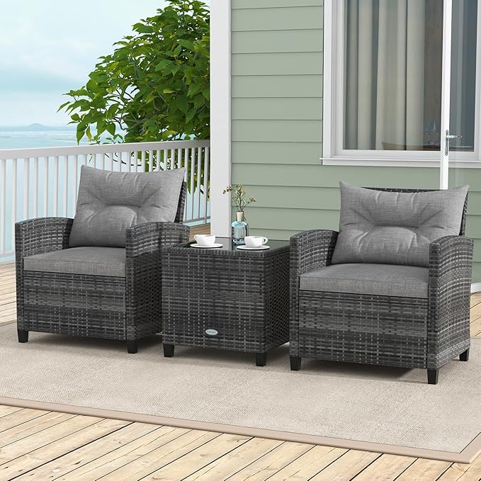 ORALNER Patio Furniture Set, 3 Pieces Outdoor Wicker Conversation Set, Rattan Chairs with Soft Cushions, Glass Coffee Table, Patio Bistro Set for Balcony Garden Deck Front Porch Poolside (Gray)