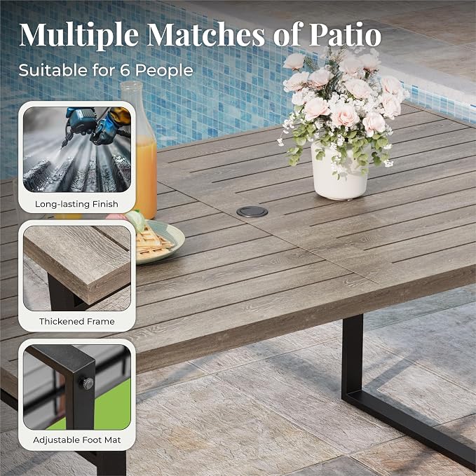 MIXPATIO 7-Piece Outdoor Dining Set 6 Brown Textilene Chairs and Steel Tabletop with Wood Grain Rectangle Table for Deck Garden Backyard Lawn Poolside