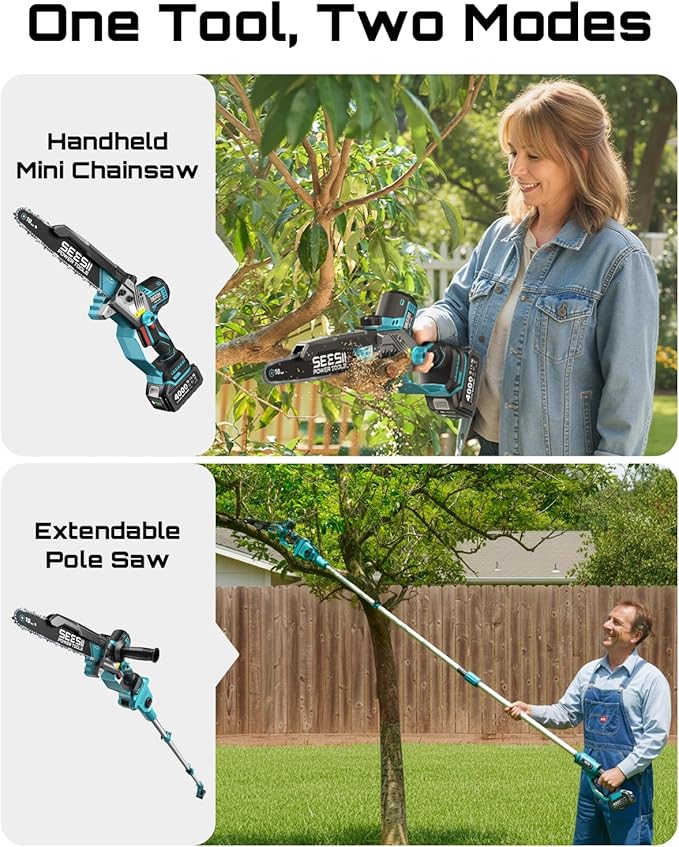 SEESII 10-Inch 2-in-1 Cordless Pole Saw & Mini Chainsaw, 21V Battery Powered Brushless Electric Tree Trimmer with Extension Pole, 2×4000mAh Batteries, Automatic Oiling,Handheld Pruner