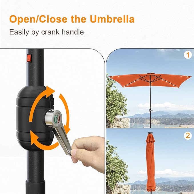 Rectangle Patio Umbrella with Solar Lights, 6x9ft Outdoor Rectangular Table Market Umbrella Patio with Push Button Tilt and Crank for Pool, Deck, Garden,Backyard