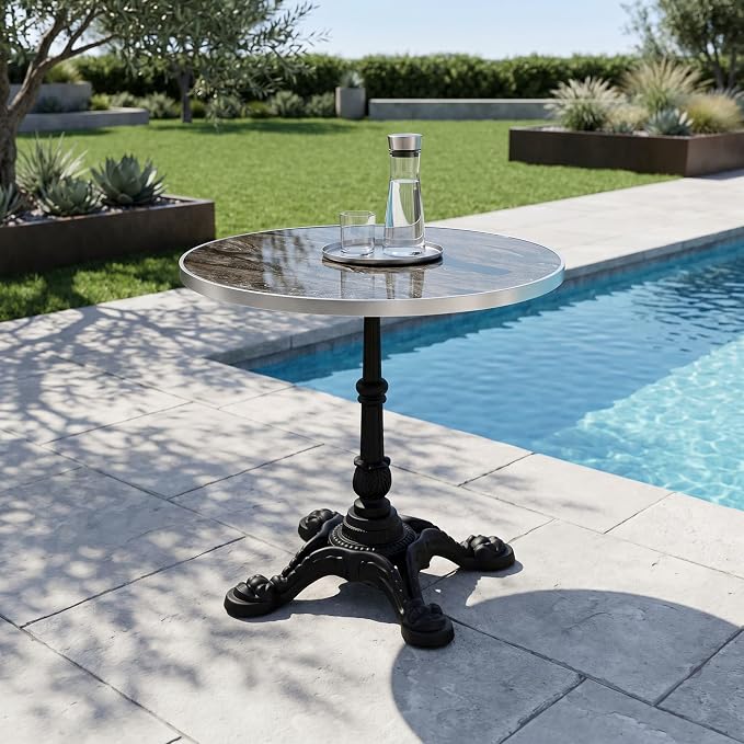 31.5 Inch Round Outdoor Patio Dining Table, Sintered Stone Bistro Table with Cast Iron Pedestal Base for Balcony Garden Poolside Cafe, Seats 2 to 4, Charcoal Marble