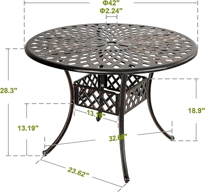 NUU GARDEN Cast Aluminum Outdoor Round Dining Table 42 Inch Patio Table with 2.24 Inch Umbrella Hole for Garden Backyard Balcony Black with Gold-Painted Edges