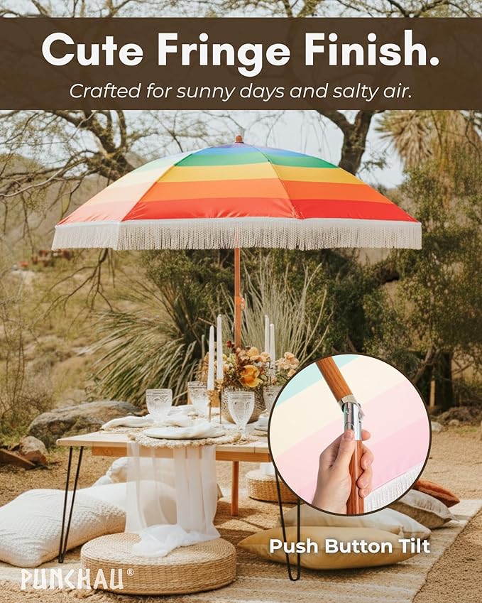 6 Ft Fringe Patio Umbrella - Outdoor Umbrella for Patio, Pool, Table, Garden, Deck, Beach, and Outdoors - Fashionable Boho Vintage Tassels & Wood Print - Push Button Tilt Pole