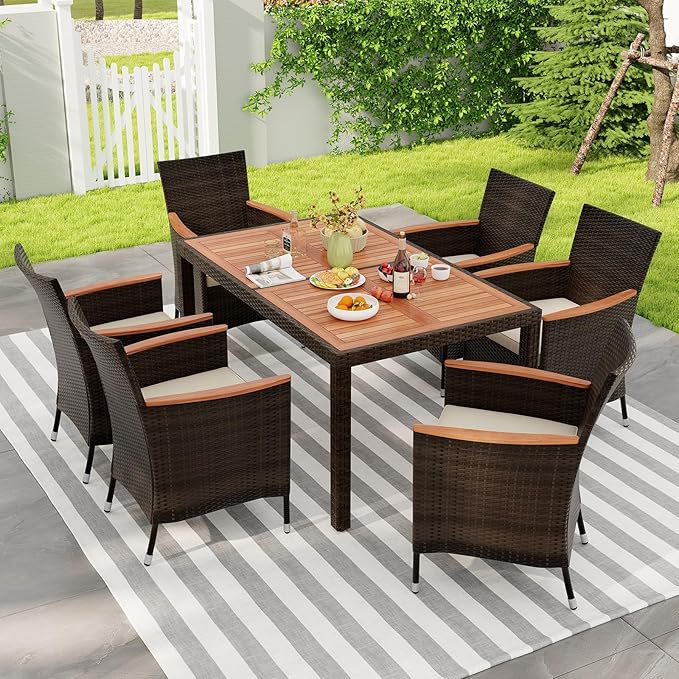 KOTEK 7 Piece Outdoor Dining Set, Wicker Patio Dining Set for 6 with Stackable Chairs & Acacia Wood Table, 1.96'' Umbrella Hole, Patio Table and Chairs Set for Backyard, Deck, Garden (Mix Brown)