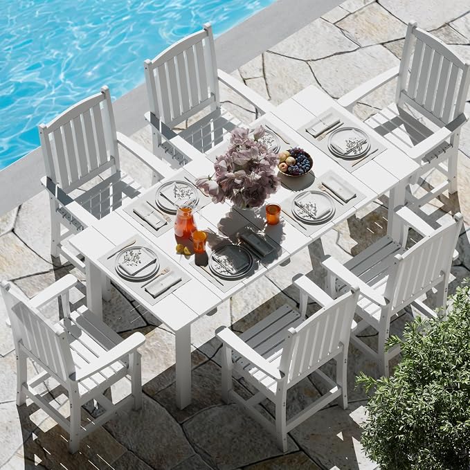 ROCSUMOO Outdoor Dining Table, 70" HDPE Dining Table with Umbrella Hole for 6-8 (White)