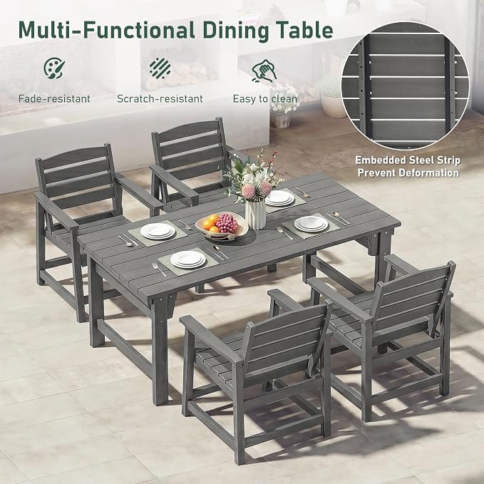 Furnimart 5-Piece Outdoor Dining Set, 67" HDPE Dining Table and Chairs for 4, All-Weather Patio Dining Set with Umbrella Hole, Outdoor Furniture Set for Backyard, Garden, Lawn & Poolside, Grey