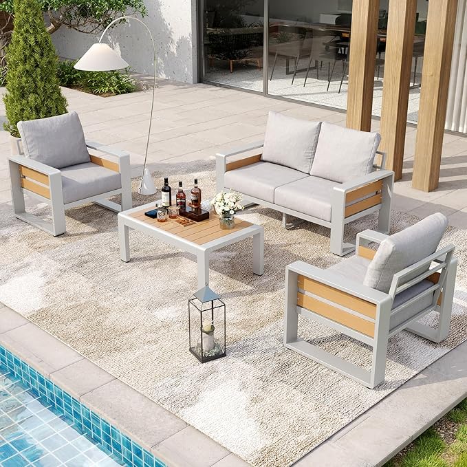 Aoxun Aluminum Patio Furniture Set, 4 Piece Luxury Outdoor Sectional with 6" Olefin Fabric Cushions, Patio Conversation Sets with Coffee Table and Waterproof Cover for Backyard, Porch Grey