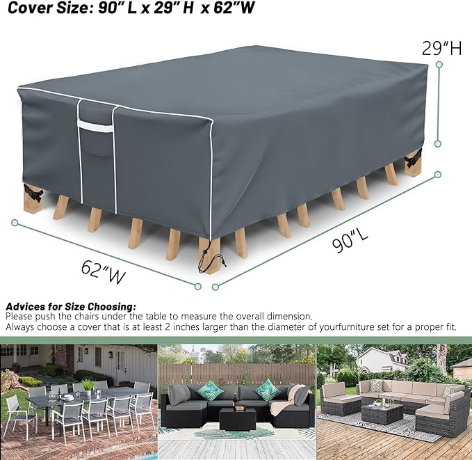 Gasadar Patio Table Cover, Waterproof Outdoor Table Cover Rectangular, 600D Heavy Duty, 90" L x 62" W x 29" H, Grey