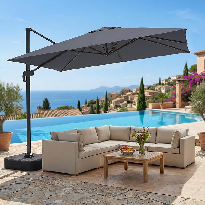 Olilawn 2 Pack 9' X 12' Patio Umbrella with Base Included, Large Outdoor Cantilever Offset Patio Umbrellas Rectangular Aluminum Umbrella with 360-degree Rotation & Infinite Tilt Adjustment for Poolside Luxury, Hosting, Backyard BBQ, Light Grey