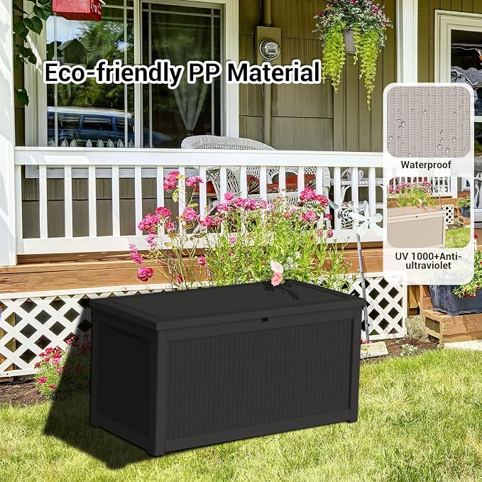 DRATO 320 Gallon Deck Box, Outdoor Large Waterproof Resin Storage Box with Lockable Lid for Patio Cushions, Gardening Tools (Black, 320 Gallon)