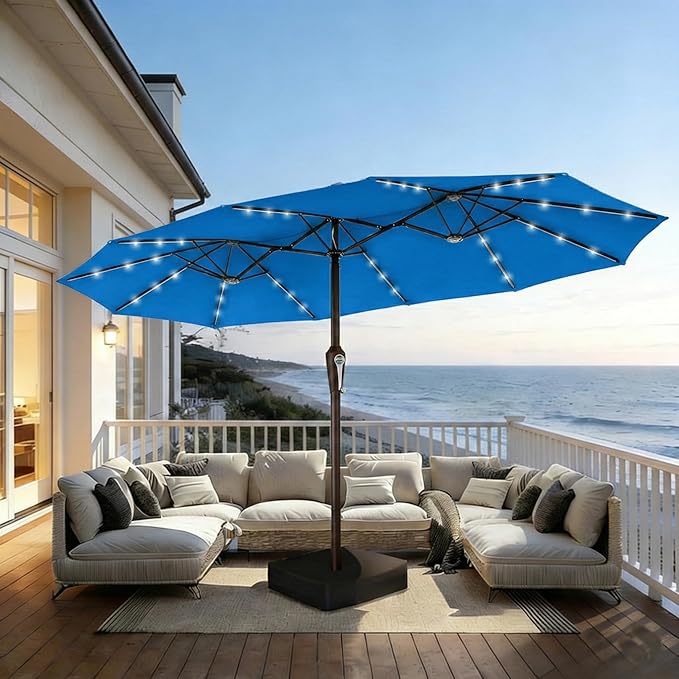 15FT Patio Umbrella with Solar Lights, Double-Sided Extra Large Outdoor Table Umbrella with Base Included, Heavy-Duty 12 Iron Ribs Market Umbrella for Garden, Pool, Backyard, Royal Blue