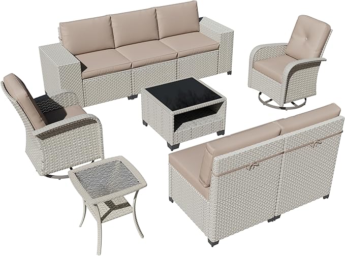 9-Piece Outdoor Patio Furniture Set, Modular Sectional Sofa Set with Swivel Rocker Chairs, Wicker Outdoor Couch Conversation Sets w/Coffee Table and Cushions, Khaki