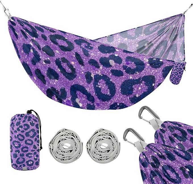 Fake Glitter Leopard Print Lavender 330lb Capacity Outdoor Hammock with Tree Straps Fabric Hammock for Outside Beach Patio Garden Base para hamaca
