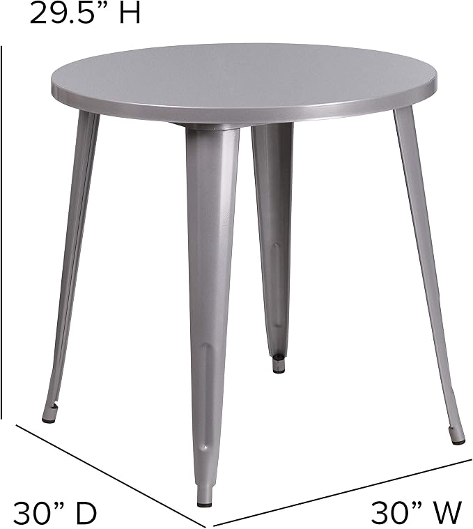 EMMA + OLIVER Commercial Grade 30" Round Silver Metal Indoor-Outdoor Table