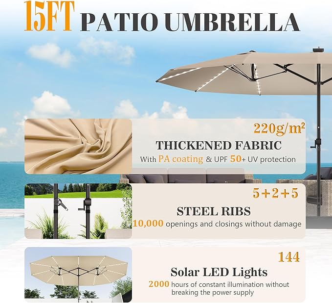 GDPFN 15ft Rectangular Patio Umbrella with Solar LED Lights, Double-Sided Outdoor Market Umbrella with Base Included, Extra Large Shade for Pool, Deck, Backyard, Garden, Beige