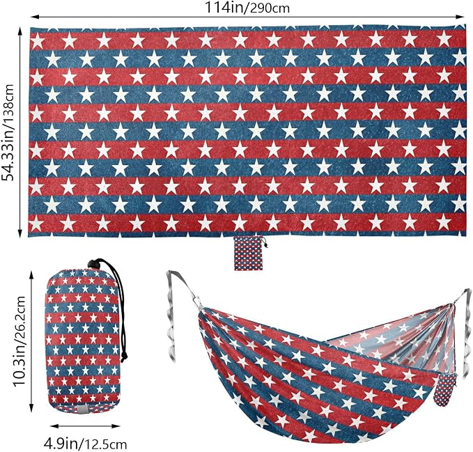 Patriotic Stars Camping Hammock, Portable Lightweight Single Hammock with Tree Straps and Aluminum Carabiners, 114" x 54" Travel Hammock for Hiking Backpacking Beach