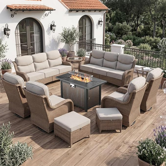 Luxury 6" Thick Cushion 11 Pieces Wicker Patio Furniture Set with 41”Fire Table, Outdoor Conversation Set with Swivel Rocker Chairs Set of 4 and Patio Couch for Deck Porch Yard and Poolside