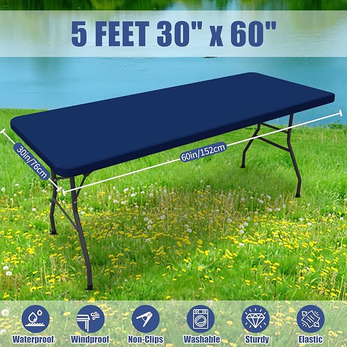 Moosfor Spandex 5 Foot Rectangle Table Cloth 2 Pack, Elastic Fitted Tablecloths for Picnic, Stretch Washable Patio Table Cover for Outdoor, Camping, Banquet and Parties (Navy, 30"x60")