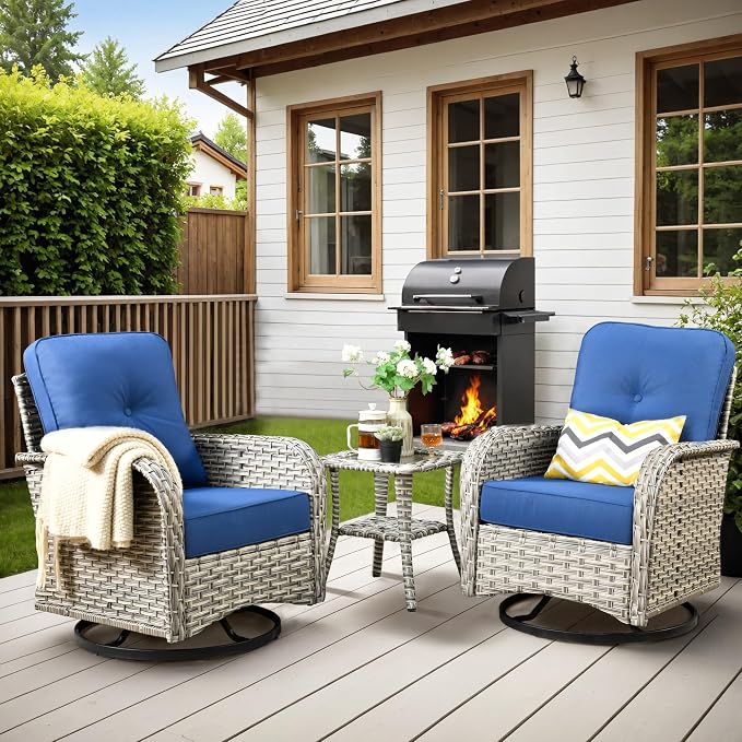 Outdoor Swivel Rocker Patio Chairs,Wicker Glider Swivel Rocking Chair Set of 2,Patio Rocking Swivel Chair Set with Rattan Side Table, Navy Blue
