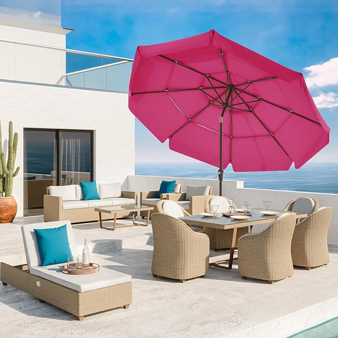 JEAREY 3 Tiers 9 FT Patio Umbrellas Outdoor Table Umbrella with Push Button Market Umbrella 8 Sturdy Ribs UV Protection Waterproof for Garden,Pink