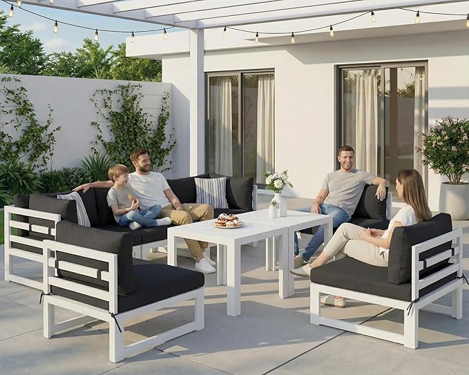 NICESOUL 8 Pcs L-Shaped Contemporary Aluminum Outdoor Furniture Set, 29" Deep Wide Large Couch Set, 500 lbs High Weight Capacity Modular Patio Sectional Sofa with Coffee Table for Garden Lawn, Black