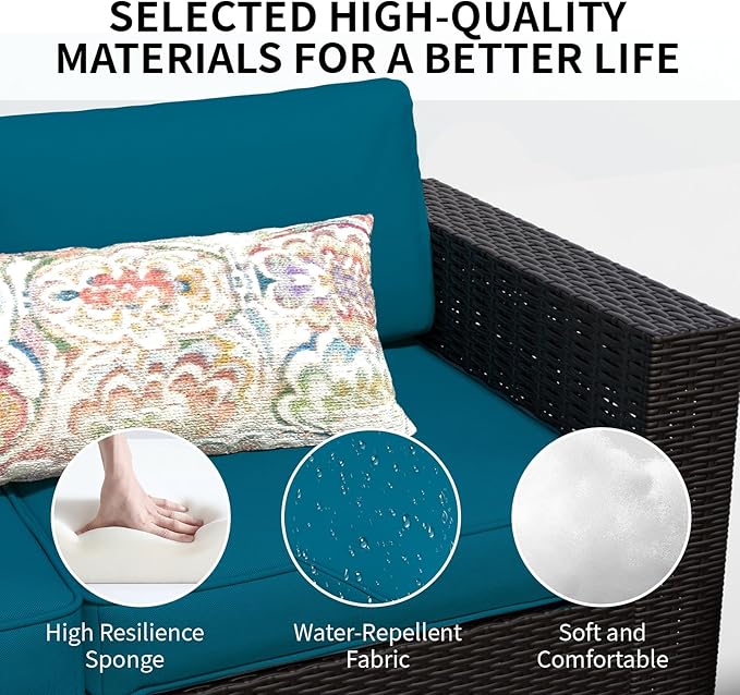 SHGJ&SOFT 7 Piece Patio Furniture Set, Wicker Outdoor Sectional Sofa with Washable Cushion Covers and Tempered Glass Table, Rattan Conversation Set for Poolside
